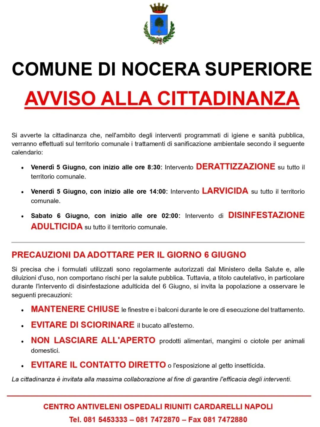 Avviso alla cittadinanza- Interventi di sanificazione ambientale