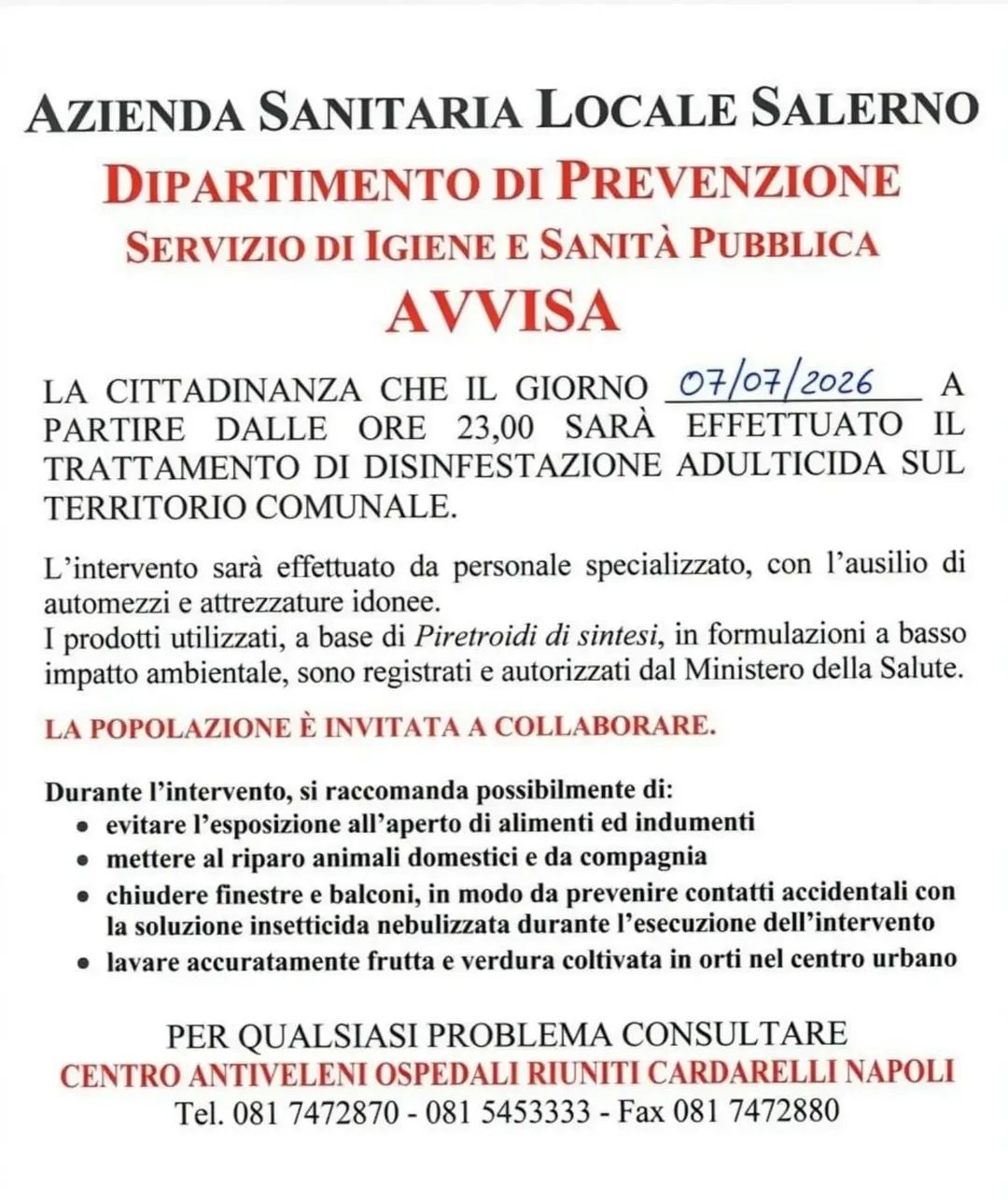 Avviso alla  cittadinanza - Interventi di disinfestazione adulticida